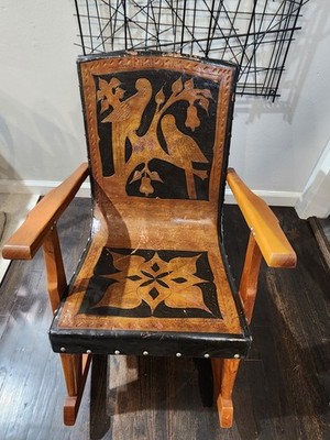Vintage Antique Wood Tooled Leather Rocking Chair Arabian Slavic