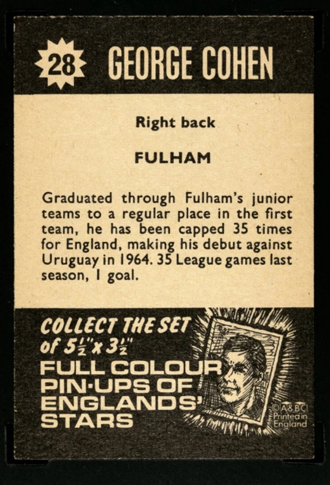 Tarjeta de fútbol 1967-68 George Cohen A & BC Star Players #28 SGC 6 EX-NM Fulham Foto 4 de 4