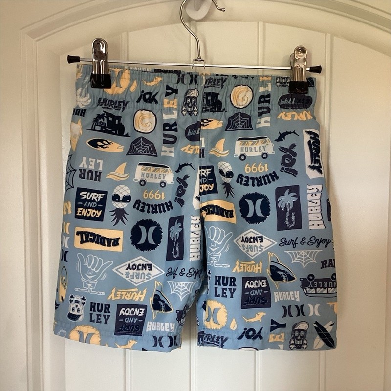 Hurley Boys Blue Graphic Print Swim Trunks Elastic Waist Size 5