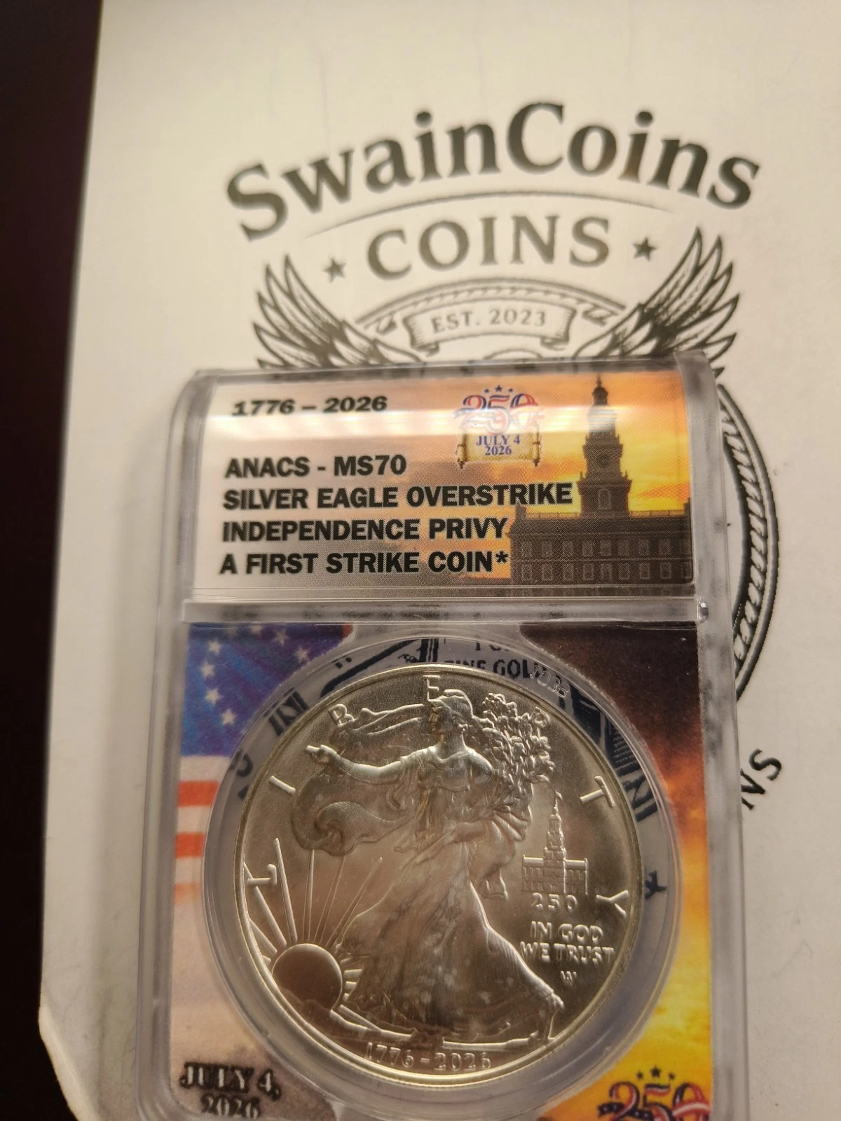 1776-2026 American Silver Eagle Overstrike INDEPENDENCE PRIVY ANACS MS70 E-196 - product detail image 1