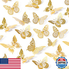 SAOROPEB 3D Gold Butterfly Wall Decals - 48 Pcs, 4 Styles, 3 Sizes, Removable