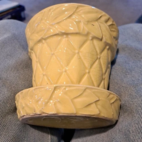 VINTAGE McCoy Pottery Flower Pot Yellow Quilted Diamond Leaf Planter