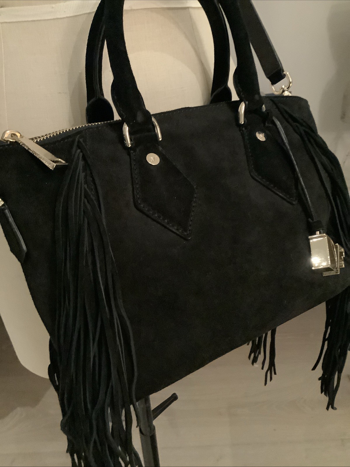 Diane von Furstenberg SUEDE BAG SATCHEL FRINGE BAG BLACK COLOR GENUINE LEATHER image 2