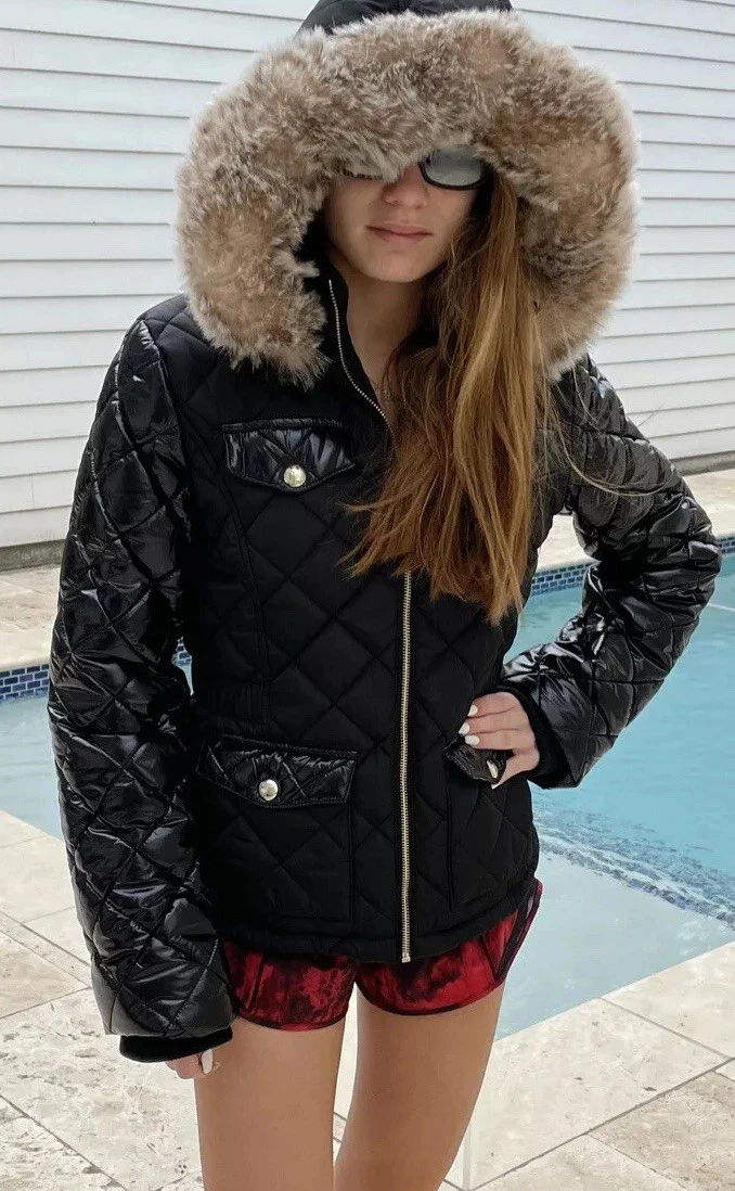 River Island Black Glamorous Parka Size 13 14 Year Old Teen Girls Faux Fur Hood