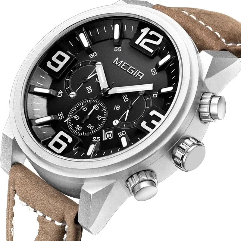 Caja de Plata de Acero Inoxidable Megir Relojes de pulsera