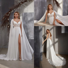 Boho Chiffon Wedding Dresses V-Neck A Line Split Lace Sweep Train Bridal Gowns
