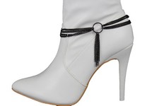 Women Pewter Metal Chain Boot Bracelet Shoe Center Ring Multi Links String Charm