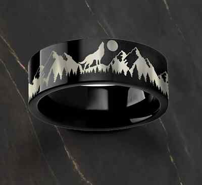 Engraved Howling Wolf Moon Forest Mountain Scene Wedding Band Ring - 4mm to 10mm