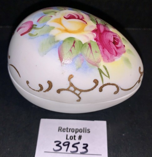 Vintage Hand Painted Bisque Porcelain Egg Trinket Box Floral