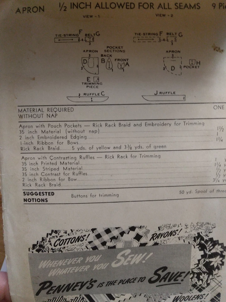 Apron Buttons And Bows Penneys JC Penney Advance Sewing Pattern UC FF VTG 40s - Image 4 of 4
