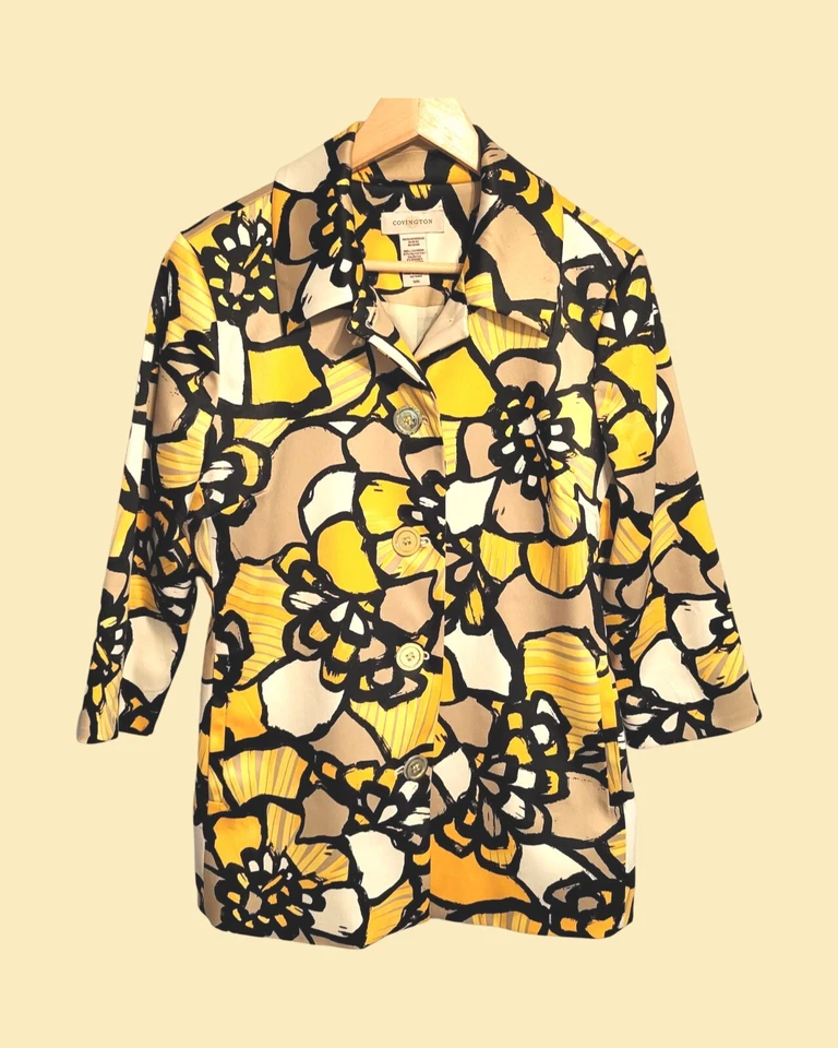  Chaqueta Amarilla ☆Funky Floral☆ Art To Wear POP ART Manga 3/4 Años 60 Talla M  Foto 2 de 4