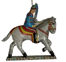 Vintage ZZ Germany Tin Litho Metal Christmas Ornament Soldier Horse Saber Sword