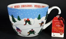 Portobello By Design Coffee Soup Mug Merry Christmas Skiing Penguins New NWT