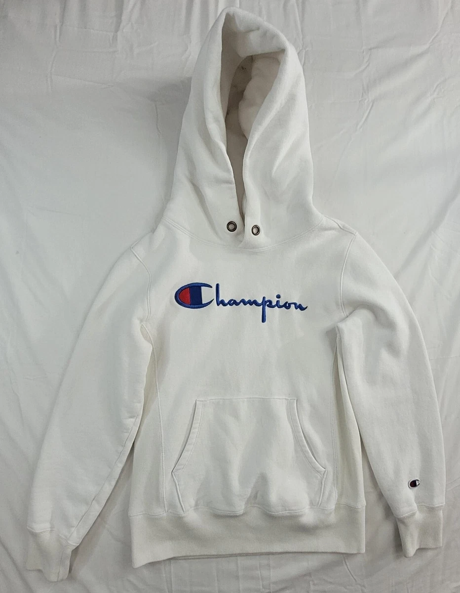Champion Hoodie Men Small Red Tag Spell Out Logo Pullover S Reverse Weave White