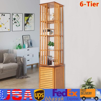 6-Tier Home Office Corner Book Shelf Bamboo 360° Rotating Storage Display Rack