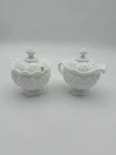 Vintage Fenton Hobnail Milk Glass Scalloped Cream and Sugar Set with lids