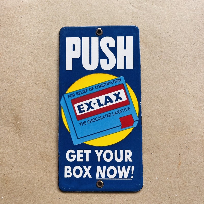 EX-LAX Blue Push Door Sign Porcelain Enamel  4" x 8" inch