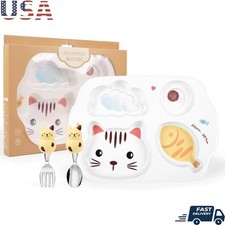 Toddler Cat Plate Set BPA-Free Melamine Easy Clean Kids Dinnerware Ideal Gift US