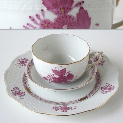 3tlg. Porzellan HEREND Ungarn Apponyi Purpur handbemalt - Teller Tasse Schälchen