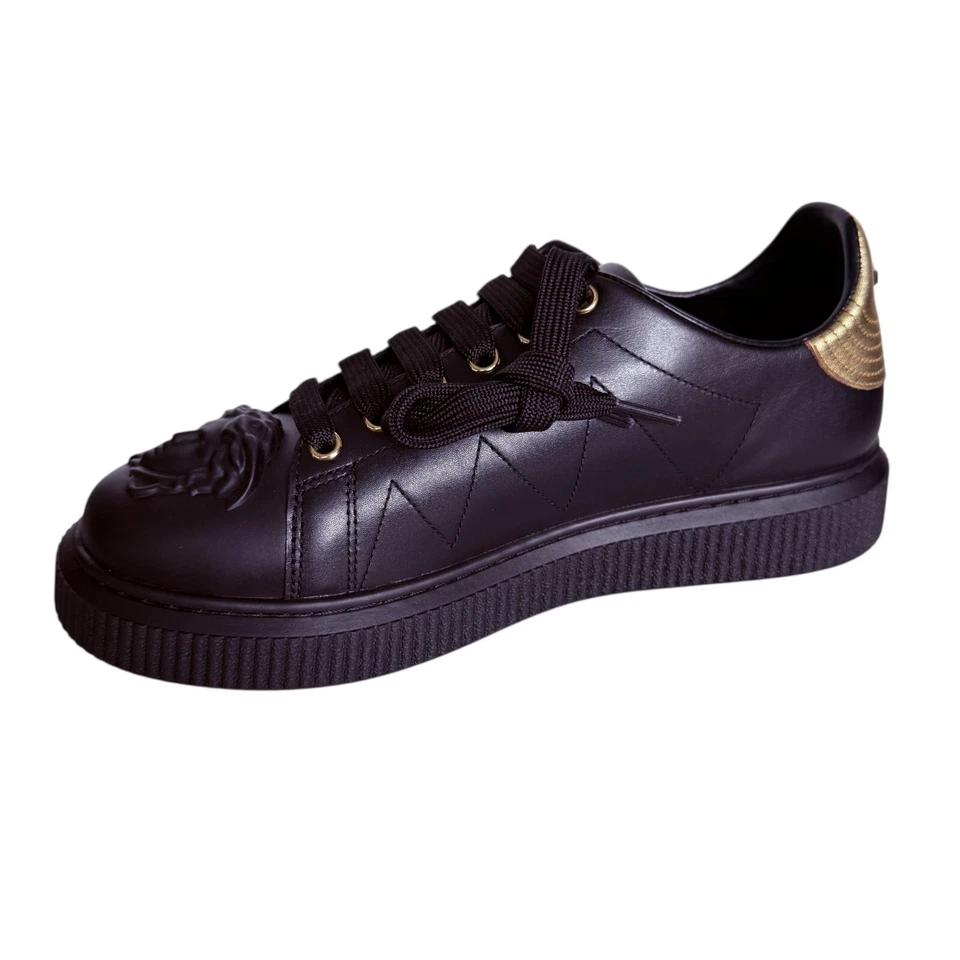 Versace Womens 1008961 Medusa Black Leather Sneakers W Gold fabric heel sizes - Image 4 of 4