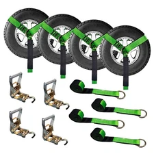 USA 4 Pack 2" x 10' Lasso Wheel Lift Strap Ratchet w/ J Finger Hook Towing Green