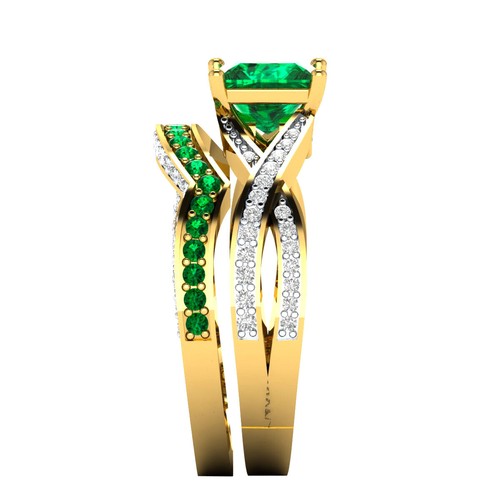 1.85 Ct Simulated Green Emerald Wedding Ring Bridal Set 14K Yellow Gold Plated - Picture 4 of 5