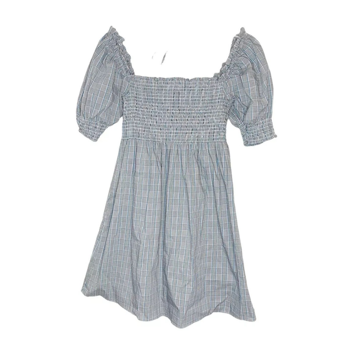 Hill House Athena Gray Blue Plaid Check Puff Sleeve Smocked Mini