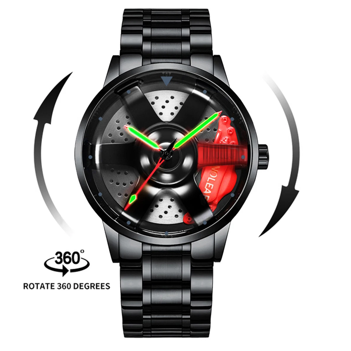 Car Wheel Watch Stainless Steel Mens Wristwatch with Spinning Car Rim Hub Watch