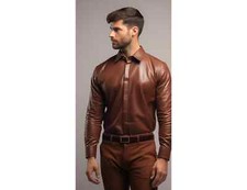 Mens Classic Brown Formal Leather Shirt. Real Soft Sheepskin Biker leather Shirt
