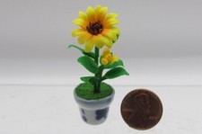 Dollhouse Miniature Blooming Sunflower in White and Blue Pot G7493