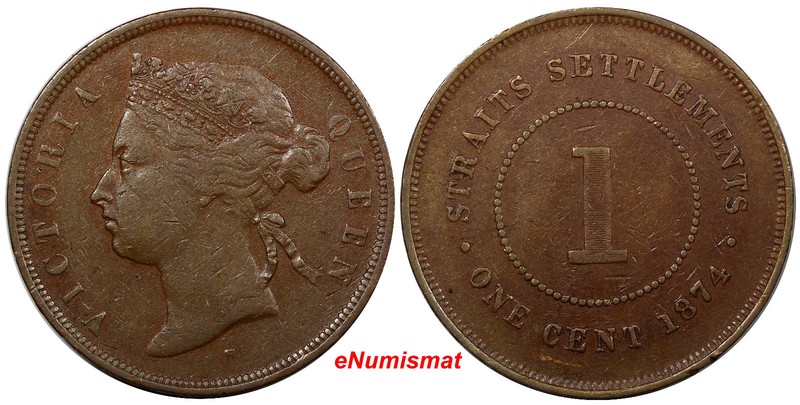 Straits Settlements Victoria Copper 1874 H 1 Cent Choice VF Condition KM# 9 (00)