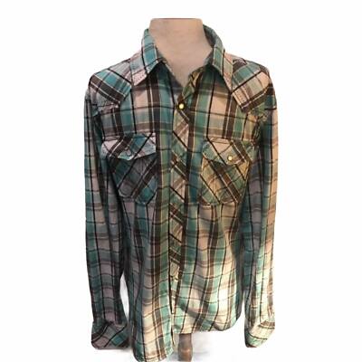 BKE Pearl Snap Button Up Shirt Sz L Aqua Brown Plaid Slim Fit Western Mens