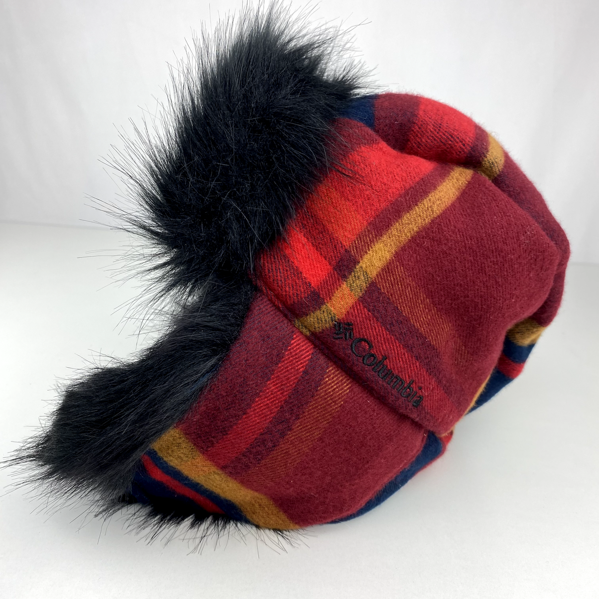 Columbia Trapper Hat Faux Fur Fleece Lined Plaid Red Black S/M