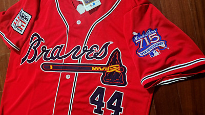 Brand New! Atlanta Braves #44 Hank Aaron Cooperstown 2patch sewn Jersey Red Mens