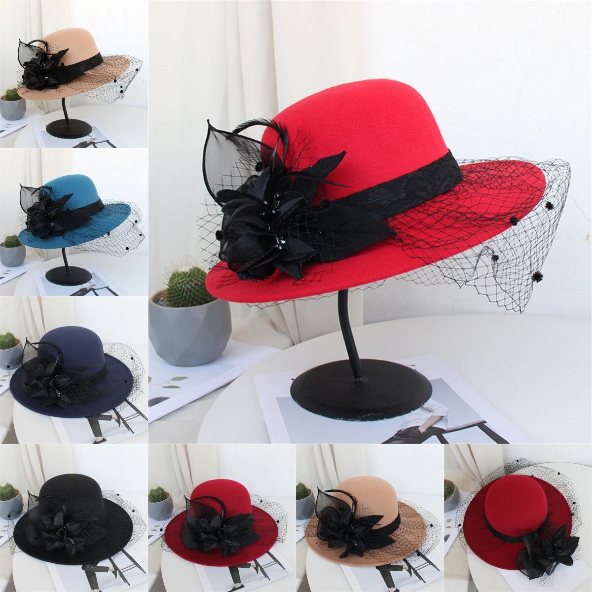 Women Flower Bowler Fedora Hat with Fascinator Veil Brim Felt Church Party Cap