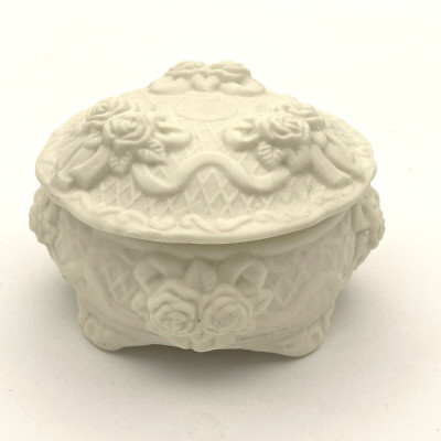 Ceramic Bisque Jewelry Box Trinket Dresser Dish Lidded Floral Roses