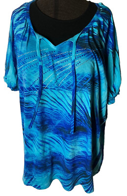 Catherines Blouse Woman's 4X Blues Pullover Short Sleeves V-Neck Rhinestones