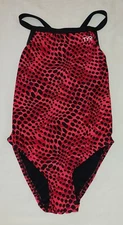 TYR Teen Girls Competition Swimsuit Size 26 Red/Black Geometric Print