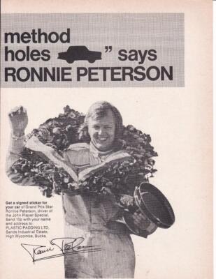 RARE 1974 F1 Ronnie Peterson Plastic Padding 2 Print-Ad/ John Player Special