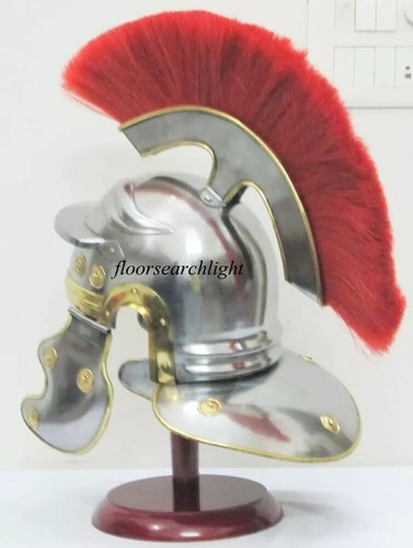 Finition Antique Vintage avec Rouge Socle en Bois Armor Romain Casque Plume - Photo 2 sur 5