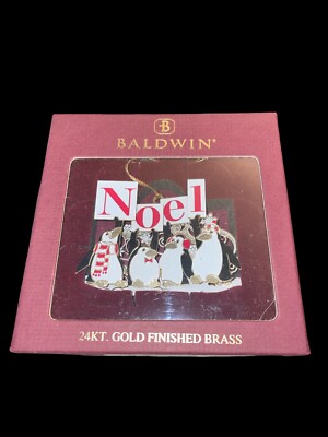 2009 Baldwin 24 Kt. Gold Finished Brass N-O-E-L Cheerleaders Penguins Ornament
