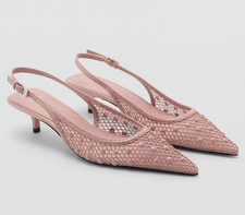 NWT Mango Nude pink Mesh dot embellished  Kitten heel  Slingback Shoes Size-40