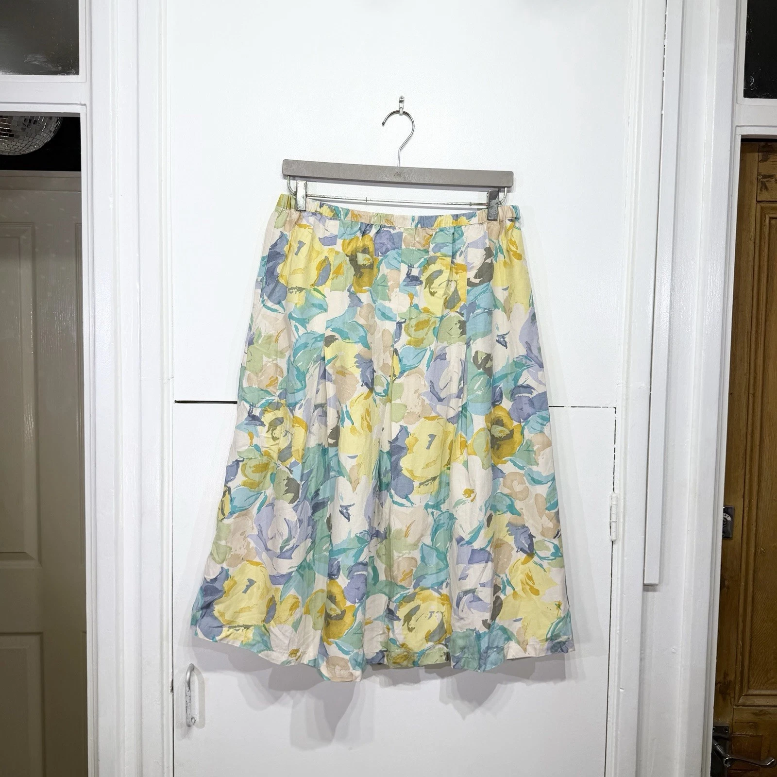 Sahara Skirt Silk Linen Midi Pastel Yellow Green Blue Pleat Elastic Waist Size L