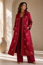 Reversible Red Satin Brocade Coat Floral Embroidered Quilted Pockets