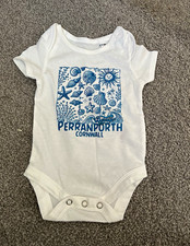 White Cotton Jersey Baby Bodysuit 0-3 Months Short Sleeve Perranporth Print
