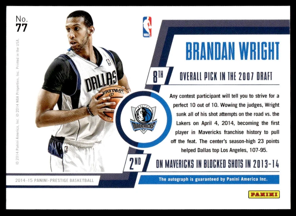 2014-15 帕尼 Prestige 奖金射击签名/5 布兰登·赖特 #77 小牛队 — 第 2/2 张图片