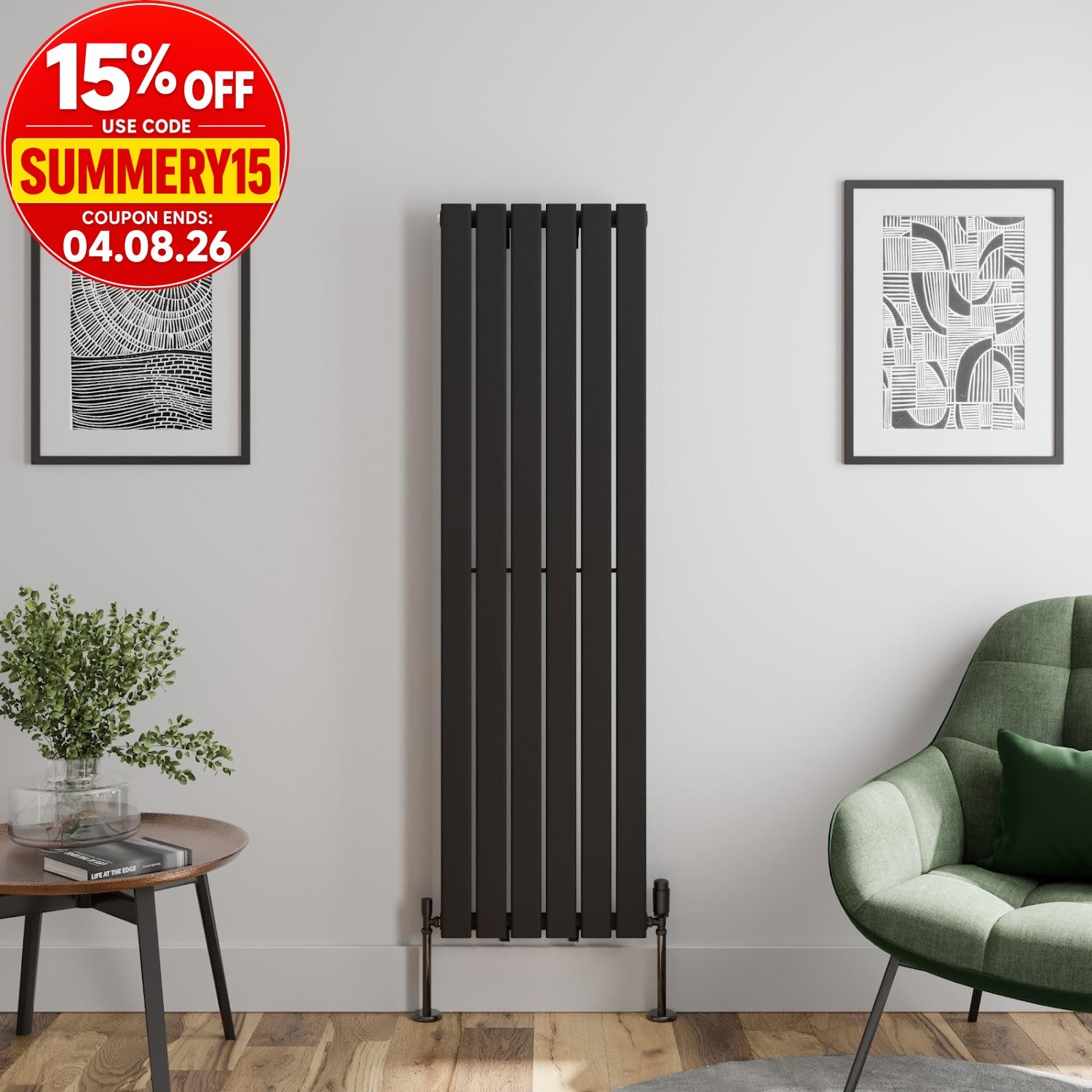 Black Designer Radiator Vertical Flat Single Panel Rad 1600x452mm Steel Modern