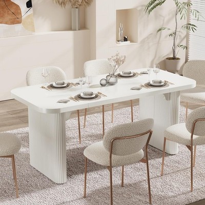 62'' White Modern Dining Table Rectangular Wooden Kitchen Table for 4-6 People