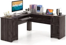 L-Shaped Office Desk with Storage Drawers & Keyboard Tray, Home Office Corner US