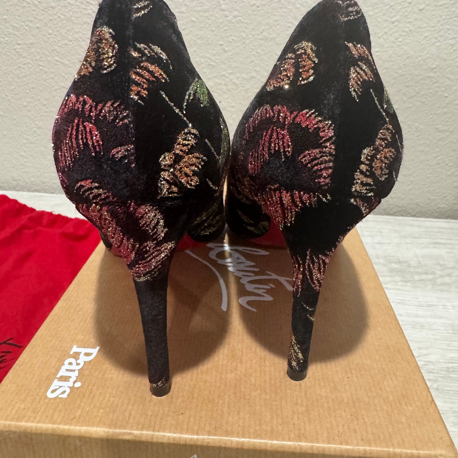 Christian Louboutin Pigalle Follies 100 Black Velvet Red Glitter Heel Pump image 5